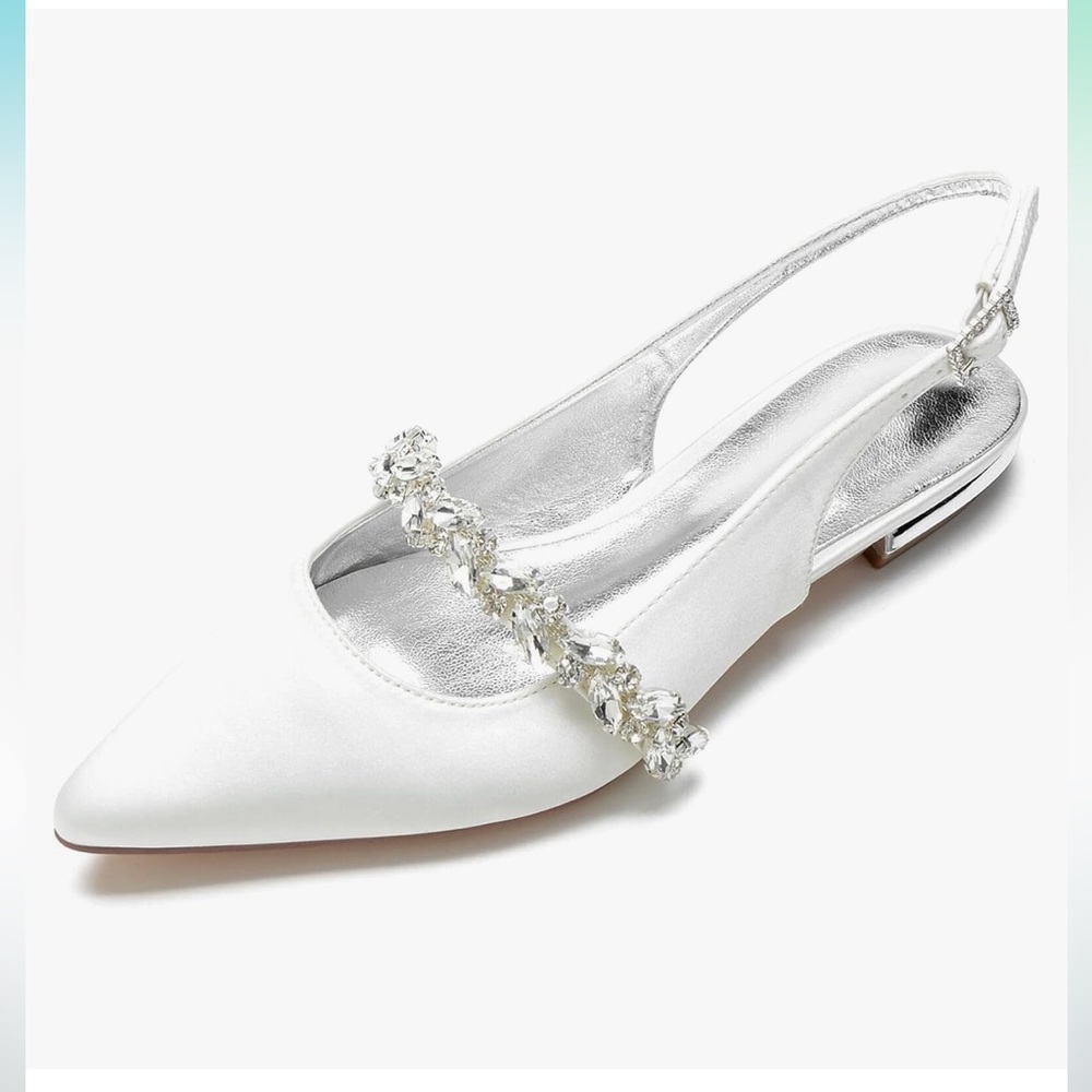 Closed Toe Wedding Flats Slingback Pump Shoes for Bride Satin Crystal
